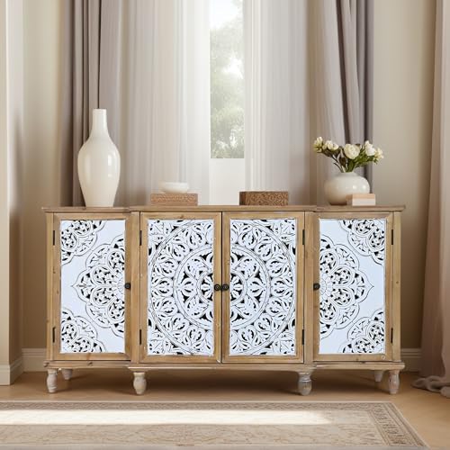 Image of Solid Wood Frame Farmhouse Buffet Cabinet, Antique White Carved 4-Door Shabby Chic Sideboard with Storage for Dining Room, Vintage Decorative Storage Console