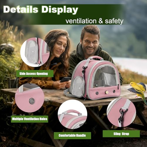 Image of Portable Parrot Travel Cage Carrier with Small Swing Toy&Cage Colorful Toys Set Small Bird Parakeet Bag with Standing Perch Bird Carry Transport Bag (Pink, Carrier /Swing)