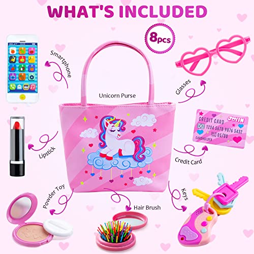 Joyin 8 Pcs Little Girl Unicorn Purse, Pretend Play Purse, Including Toy Phone, Play Keys, Card, Real Safe Play Makeup, Glasses For Princess Dress Up Party Girls Birthday Gift Easter Egg Stuffer #TOP1