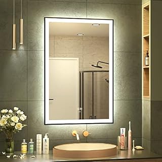 KWW Lustro łazienkowe LED, 60 x 90 cm, łatwe w montażu, oprawione lusterko toaletkowe, regulacja temperatury barwowej, przeciwmgielne, ściemniane światła, poziome/pionowe lustro ścienne