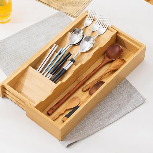 ZUSUZU Organizador de Cubiertos de Bambú,Organizador Cubiertos para Cajon,Bandeja Cubiertos Expandible 14 a 24 cm,Cuberteros para Cajon Cocina de Bambú para Utensilios y Artilugios