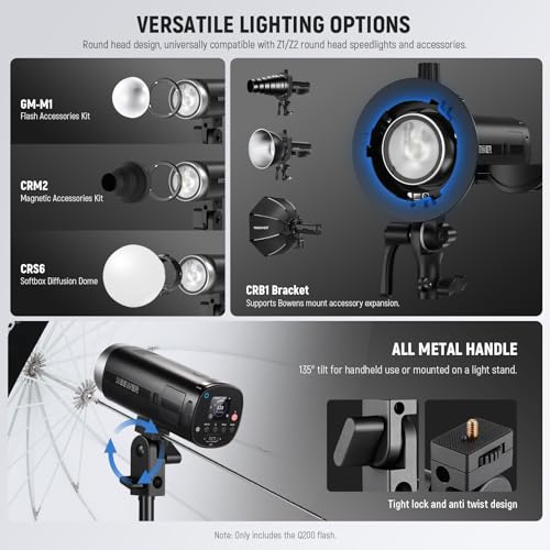 NEEWER Q200 Monolight 200Ws 2.4G TTL 1/8000 HSS App Control Outdoor Studio Strobe with Cleaning Cloth 3200mAh Battery Photography Speedlite 10W Modeling Light 0.01-1.5s Recycle 750 Full Power Flash
