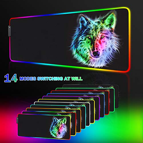 Rgb Gaming Mouse Pad - 14 Light Modes Extended Computer Keyboard Mat, Anime Led Mouse Pad Large，High-Performance Mouse Pad Optimized For Gamer 31.5 X 12In (Wolf Mouse Pad) #TOP5