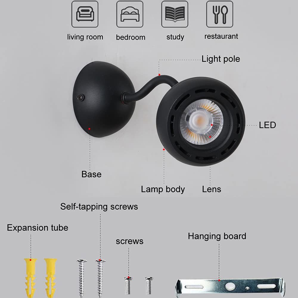 Lampa ścienna, lampa ścienna, czarna dioda LED, regulowany pojedynczy reflektor ścienny, obrotowe reflektory ścienne do czytania książek w łóżku, lampka nocna