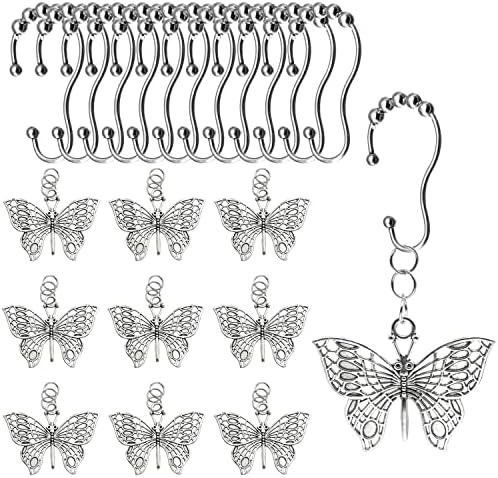 Stainless Steel Shower Curtain Hooks Rings + Butterflies Decorative Pendant Creative Ocean Cartoon Theme Shower Curtain for Home Bathroom Shower Rods Curtains-Set of 12 (Silver)