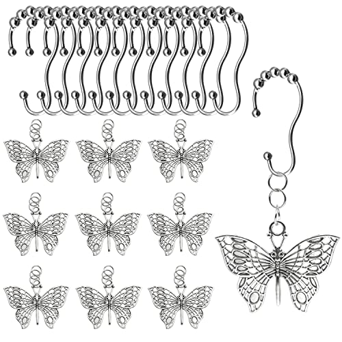 Stainless Steel Shower Curtain Hooks Rings + Butterflies Decorative Pendant Creative Ocean Cartoon Theme Shower Curtain For Home Bathroom Shower Rods Curtains-Set Of 12 (Silver) #TOP3