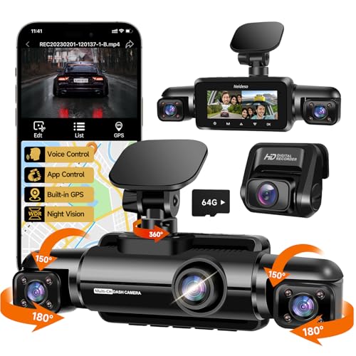 360° Dash Cam Front and Rear Inside, 4 Channel FHD 4 * 1080P, Wi-Fi GPS Voice Control Car Camera, Front 2K+1080P*2 Dash Camera for Cars, with 64GB SD Card, Night Vision, 24H Parking Mode(N30