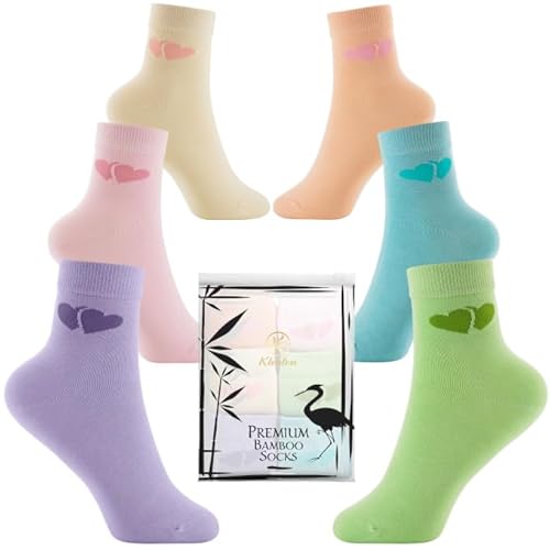 Klenton Chaussettes en bambou pour filles, chaussettes respirantes avec un joli motif cœurs, coutures lisses et emballage écologique, lot de 6 paires, taille EU 31-36