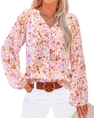 BTFBM Blouses for Women Dressy Casual Floral Summer Boho Tops V Neck Lightweight Long Sleeve Shirts Spring Clothes 2026(Floral Orange, Small)