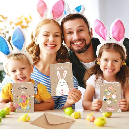 12er Osterkarten mit Umschlag, 6 Designs Klappkarten aus Kraftpapier mit Osterhasen & Ostereiern Cartoon Design-Frohe Ostern, für Familie, Freunde & Kollegen