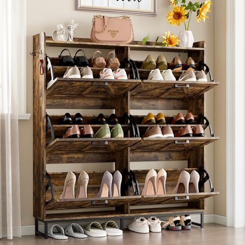 Image of BORNOON Shoe Cabinet with 6 Flip Drawers Narrow Shoe Storage Cabinet Organizer Wooden Freestanding Shoe Rack Hidden Slim Shoes Storage Cabinet for Entryway, Hallway, Living Room, Bedroom