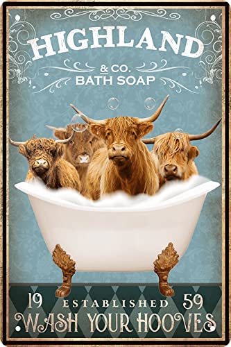 Funny Highland Cow Decor Vintage Bathroom and Bathtub Metal Tin Sign Decor Highland Cow Pet lovers Gift Farm Home Bar Bathroom Man Cave Retro Wall Art Poster Sign Accessories 8x12 In