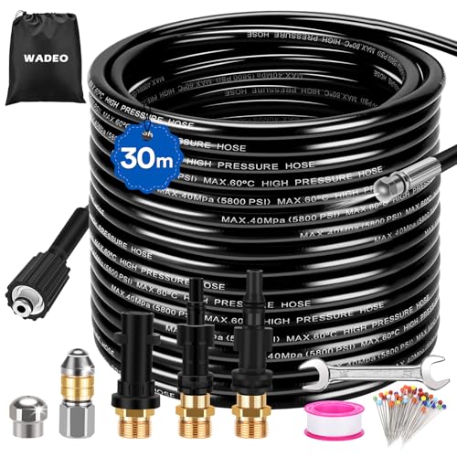 30M Manguera de limpieza de tuberías para limpiadoras de alta presión, WADEO 400 bar juego de limpieza de tuberías adecuado para Kärcher (K2-K7), Lavor, Parkside, Bosch - con adaptador y boquillas