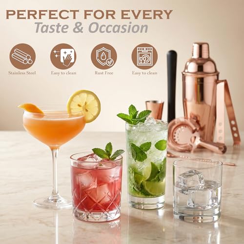 Image of Unify 6 Pieces Stainless Steel Bartender Kit | Rose Gold Cocktail Shaker Set for Home Bar & Parties | Includes Peg Measurer 30 /60ml, Bar Spoon, Ice Tong, Muddler, Strainer | Professional Bar Tool Set