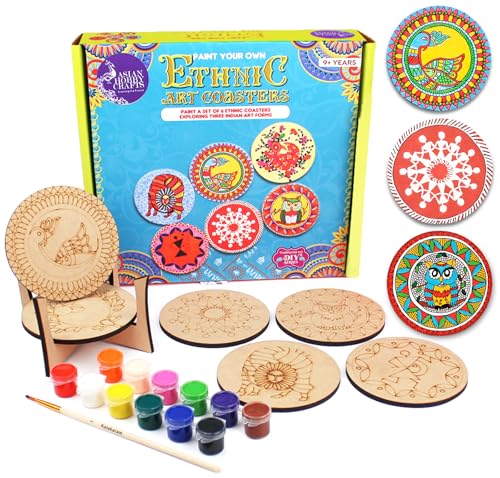 Image of Asian Hobby Crafts DIY Ethnic Coaster Painting Kit - 6 Pre-Marked Coasters, Paint & Brush | Warli, Madhubani, Gond, Indian Folk Art Kit for Kids & Adults (4-12) | Birthday Return Gift Craft Set