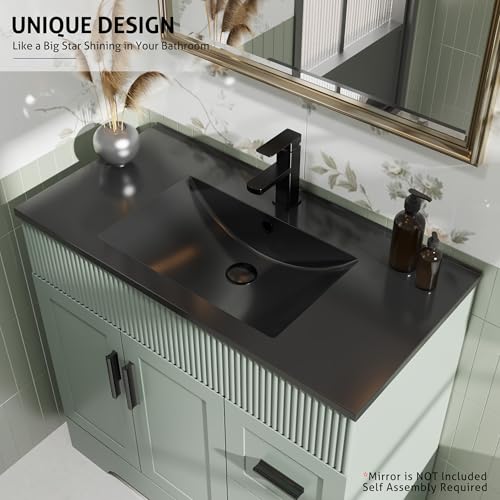 Image of eclife 36 inch Bathroom Vanities Sink Combo with Painted Surface, Modern Drawered Cabinet W /Decorative Wave Lines, Undermount Black White Sink, Matte Black Faucet Drain, Gray Green