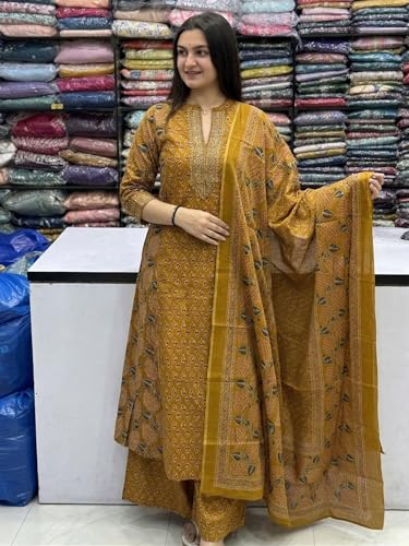 Image of GoSriKi Kurta Sets for Women Viscose Blend Printed | Kurti Set for Woman | Kurta Palazzo Dupatta Set | A Line Kurti | Mandarin Collar 3 /4 Sleeve Suit Set for Women Stylish Ethnic Outfit