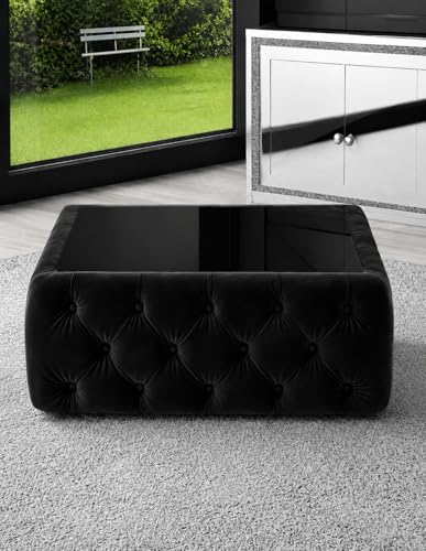 Image of Premium Tufted Upholstered Coffee Table with Mica Top - Modern Square Ottoman Center Table, Soft Velvet Finish, Luxury Living Room Furniture - 30 x 30 x 18 Inch (Black)