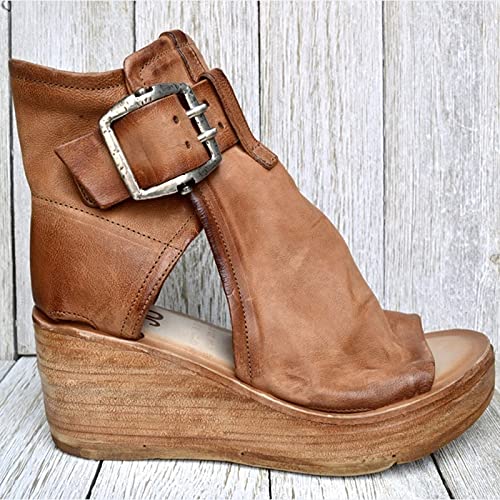 HASUNY Sandales Rétro Femmes Plate-Forme Compensées Hauts Chaussures D'été Mode Bout Ouvert Sandales Romaine en Cuir PU Chaussures Plage Tongs Pantoufles Vacances,Marron,38EU Cover