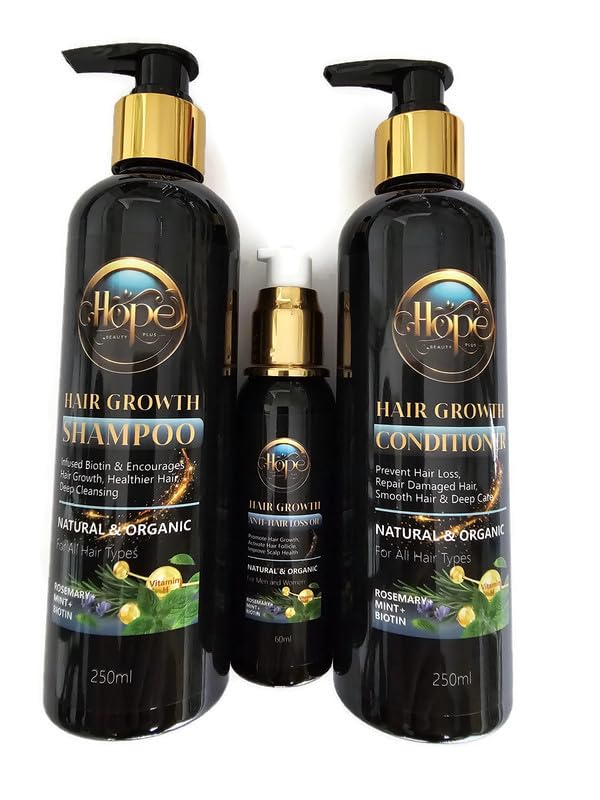 Hair Care Set: Organic Shampoo, Conditioner & Oil - Strengthens Hair & Promotes Growth (3 Pack, 18 Fl Oz)