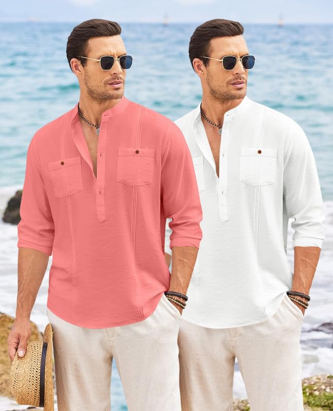 Image of Macsivo Combo of Men's Regular Fit Cotton Blend Solid Casual Short Kurta with Mandarin Collar and Pockets Kurta Pack of 2