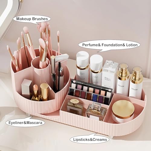 Image of Oslen 360 Rotating Makeup Brush Holder Organizer with Drawers | Premium Large Makeup Organizer for Vanity, Bathroom & Desktop | Skincare, Cosmetics & Accessories Storage Box (Pink)