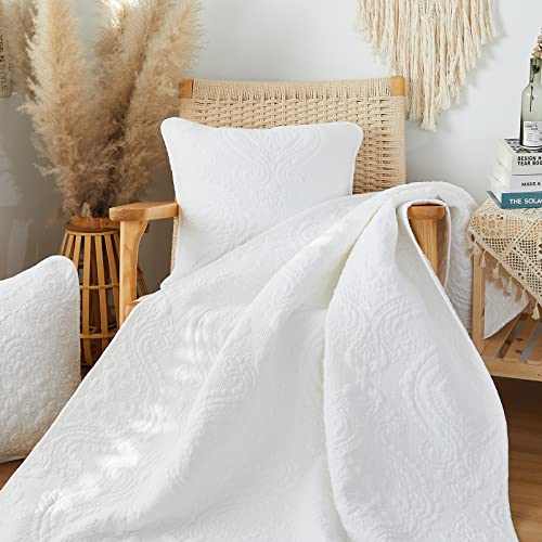 Brandream White Quilt Set Cotton Queen Size Coverlet Set Luxury Quilted Comforter Sets Farmhouse Quilt Coverlet 3-Piece Damask Matelasse #TOP2