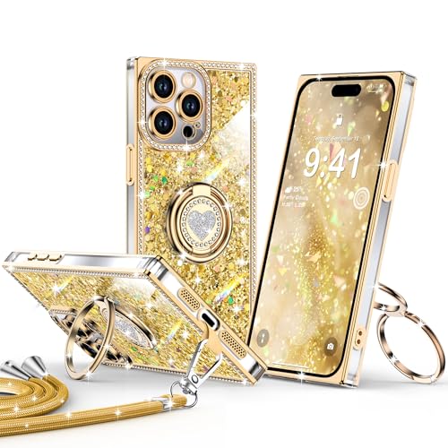 XYZ for iPhone 15 Pro Back Cover Case, Glitter Bling Phone Cover with 2-Ring Heart Stand & Lanyard, Women Girls Luxury Rhinestone Shockproof Protective Case for iPhone 15 Pro, Gold