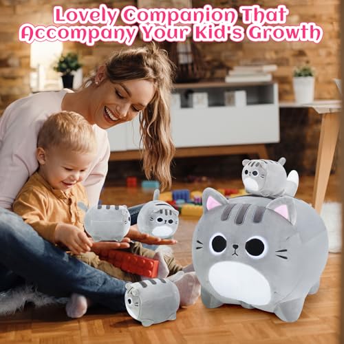 Image of 5 PCS Grey Cat Plush Stuffed Animal Family-15.8 inch Large Grey Cat Plush, Cat Mommy Cat with 4 Baby Kittens Cat Plushies for Kids, Kawaii Cat Plush Toy Christmas Birthday Gifts for Kids Boys Girls