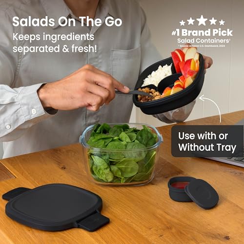 Image of Bentgo Glass Salad Container - 7.6-Cup Salad Bowl with Airtight Lid, Leak-Proof Sauce Container, 4-Compartment Bento Tray & Reusable Fork - BPA-Free for Meal Prep, Office & More (Black Onyx)