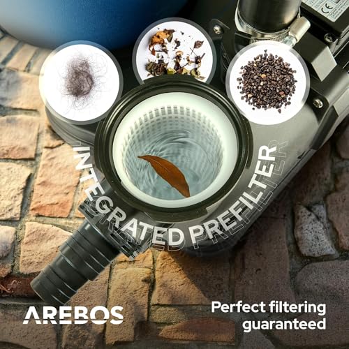 Arebos System filtra piaskowego z pompą zawierającą 600 g kulek filtracyjnych | Niebieski | 350 W | 9500 L/h | pojemność zbiornika do 20 kg piasku | 7-drożny zawór z uchwytem | z manometrem