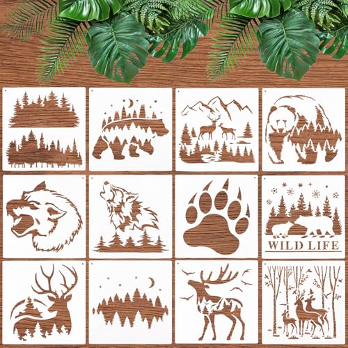 12 plantillas de plástico reutilizables para pintar sobre madera, lienzo, pared, muebles, oso, ciervo, lobo, bosque de montaña, plantillas de animales para manualidades, decoración del hogar (verde)