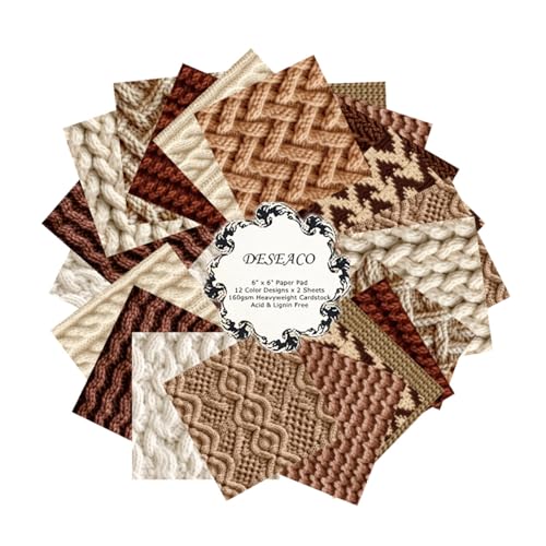 DESEACO 24 Sheets Knitting Wool Decorative Scrapbooking Paper Pad 6x6 Craft Paper Single-Side Card Making Supplies for Junk Journal, Holiday Journaling, Brown, Earth Tone and White