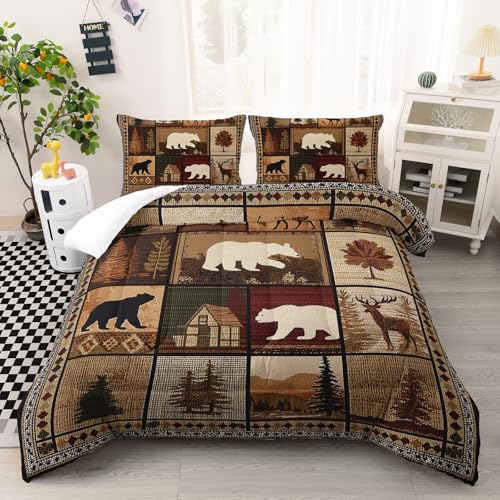 Image of AILONEN Hutting Bear Deer Rustic Comforter Set, Queen Size,Lodge Cabin Woodland Patchwork Bedding Sets,1 Quilt with 2 Pillowcases,Soft Comfortable