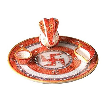 EtsiBitsi Marble puja, pooja thali- Traditional Rajasthan Kundan Studded Hand Painted Marble Pooja Thali Set with Ganesh, Sindur Dani, Thali, Bowl, Diya ideal for festive season and gift to friends and family (TR_PT_001)