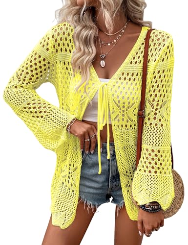 Women Lightweight Crochet Cardigans Tie Front Hollow Out Long Sleeve Knitted Cardigan Cover Up Neon Yellow