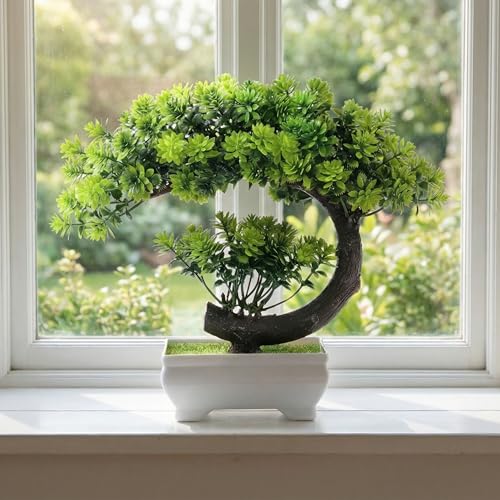 Image of Dekorly Small Fake Plants /Plastic Artificial Bonsai Tree for Bookshelf Bathroom Home Decor, Farmhouse Zen Garden Room Decor, Tall 8.5 inch (Green-Regular, Height : Upto 22CM)