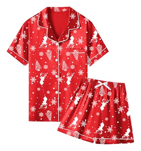 QZH.DUAO ガールズ & レディース 半袖 サテン パジャマ セット シルキー 2ピース 寝間着、3歳 - 2XL, クリスマスの鹿, 7-8 Yearsの商品画像（Amazon）