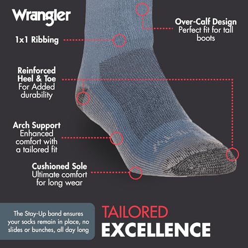 Wrangler Ryder Western Cowboy Boot Socks for Men - Over Calf, Cushioned Sole, Moisture-Wicking, Durable Design4