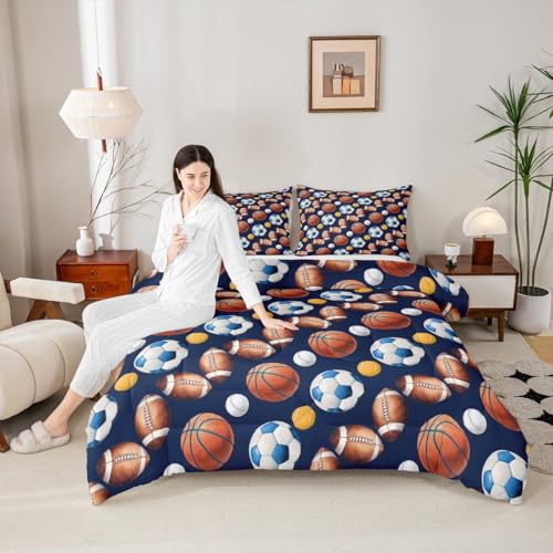 Image of Feelyou Soccer Football Comforter Set Queen Size Basketball Baseball Softball Sport Theme Bedding Set for Kids Boys Girls Navy Blue Duvet Quilt Bedroom Decor Microfiber 3 Pcs with 2 Pillow Cases