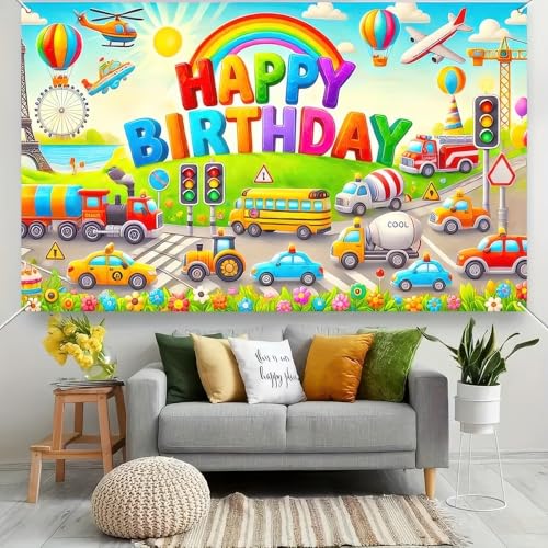 Image of BlissYard Car Birthday Backdrop 70x43 Inch Transportation Party Decor | Transportation Birthday Decorations Truck Backdrop Boys Birthday Party Decorations Photography Supplies