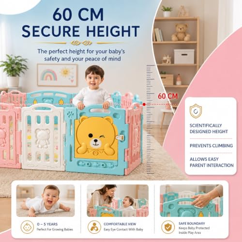 Image of 18 panel Playpen for Babies 0-3 Years Foldable with Mat and Balls Baby Play Area Indoor Setup Play Yard Fence for Toddlers Kids Playarea Setup Outdoor Children Play Pen with Gate Baby Playpen (6 x 6 ft=36 SQFT)