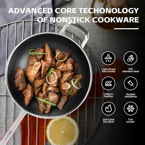 MEGOO-126-inch-stainless-steel-nonstick-wok-pan-with-lidstir-fry-honeycomb-wokcooking-wok-skilletfor-gas-cooktopsInductionelectric-stovedishwasher-safePFAPFOA-Free