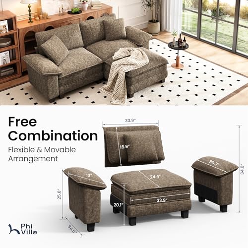 Image of PHI VILLA 87.5 inch Oversized Sectional Loveseat Sofa with 1 Movable Ottoman | Chenille Grayish Brown, Wider Armrest, Comfy Deep Seat, Wood Frame, Modern Cloud Modular Couch for Living Room and Apartment
