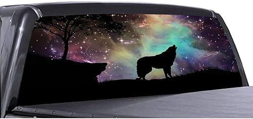 Miniatura 4 de Calcomanía gráfica para ventana trasera para camiones, SUV, coches, película de vinilo perforado universal con cielo estrellado y lobo - Calcomanías