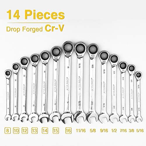 AZUNO Ratchet Spanner Set, 14-Piece Metric & SAE Combination Spanners, Chrome Vanadium Steel Combination Spanner Set with Deluxe Case