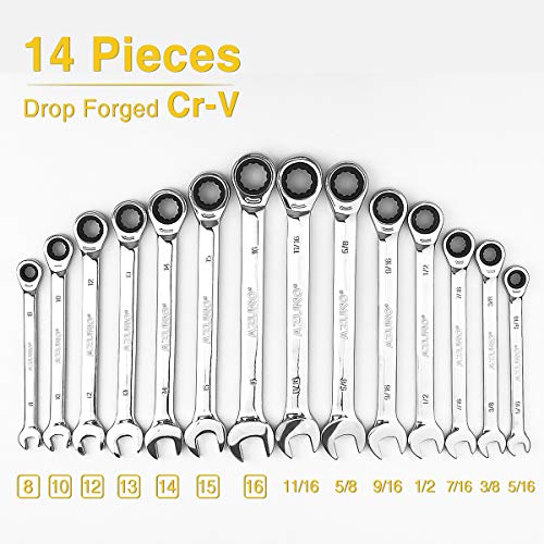 Azuno Fixed-Head Ratcheting Wrench Set, 14-Piece Metric 8-16Mm & Sae 5/16"-11/16" Combination Spanner Kit, Chrome Vanadium Steel With Deluxe Case #TOP2