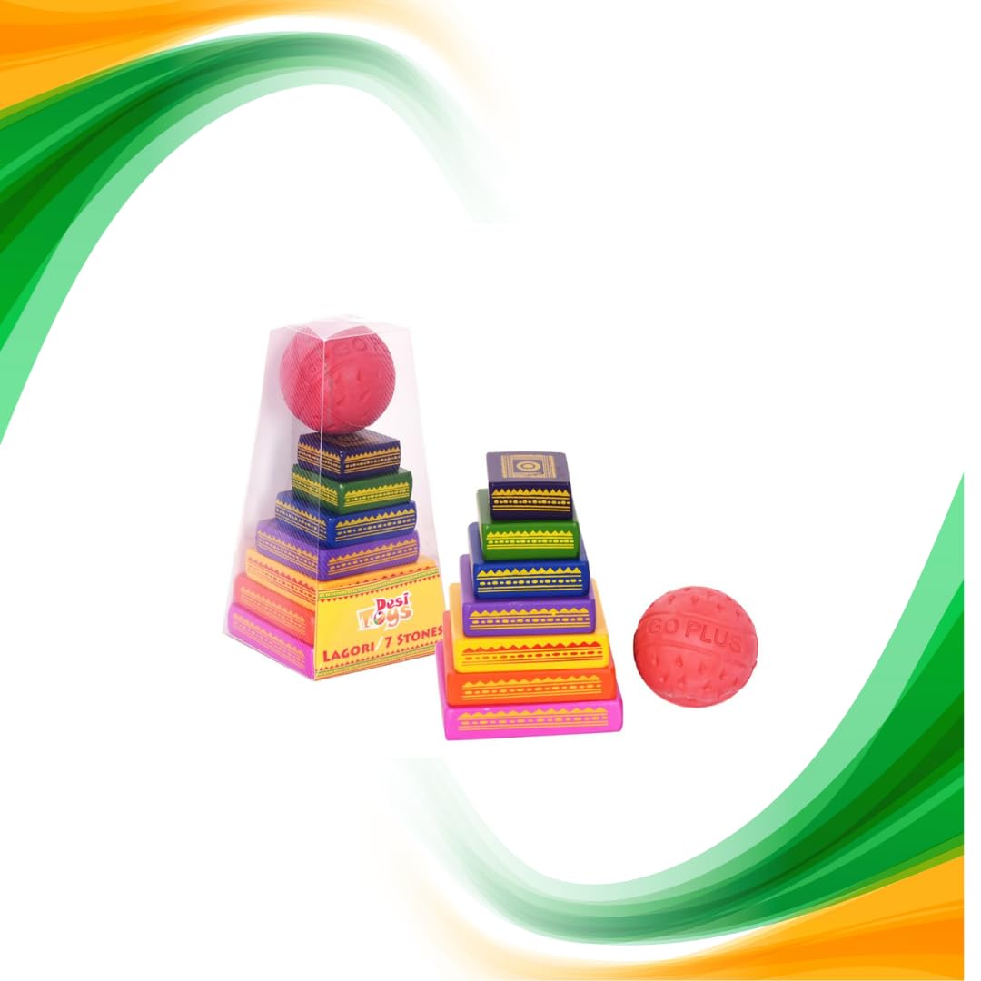Desi Toys Lagori — Pitthu Game | Handcrafted Seven Colorful Wooden Blocks with 1 Rubber Ball | Traditional Indian Sitoliya | Classical & Nostalgic | Outdoor Games | for Kids & Family | Light-Weight