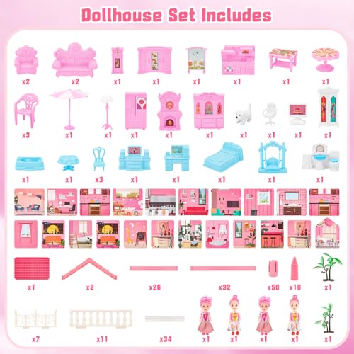 deAO Dollhouse for Girls, Dollhouse Dream House Toddler House 4 Dolls Furniture Accessories Dream House Playroom Dolls Toy for Children from 3 Years