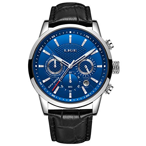 LIGE Montre Homme Mode Chronographe Étanch Montre Analogique Quartz Acier Inoxydable Casual Cuir Montres Noir Bracelet